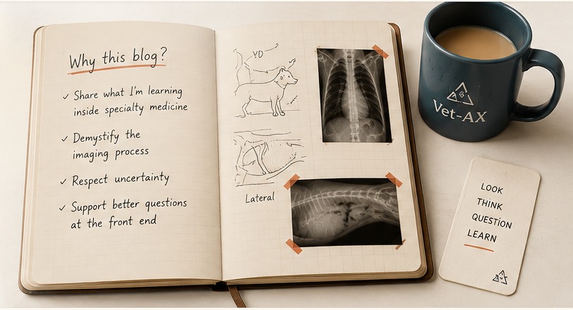 Open notebook with radiology learning notes, taped radiographs, and a Vet-AX mug.